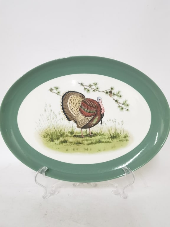 Porcelain Green Rim Turkey Oval Plate: Porcelain Green Rim Turkey Oval Plate, 13.5in