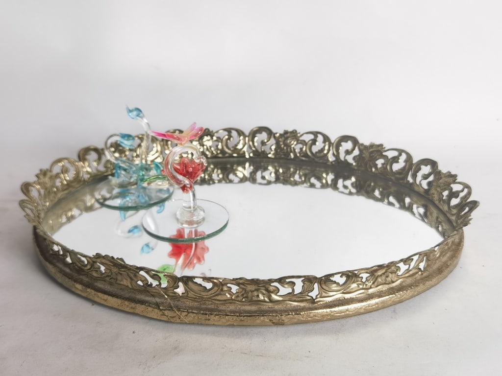 Vintage Brass Mirrored Oval Tray with Two Glass De (1 of 4)