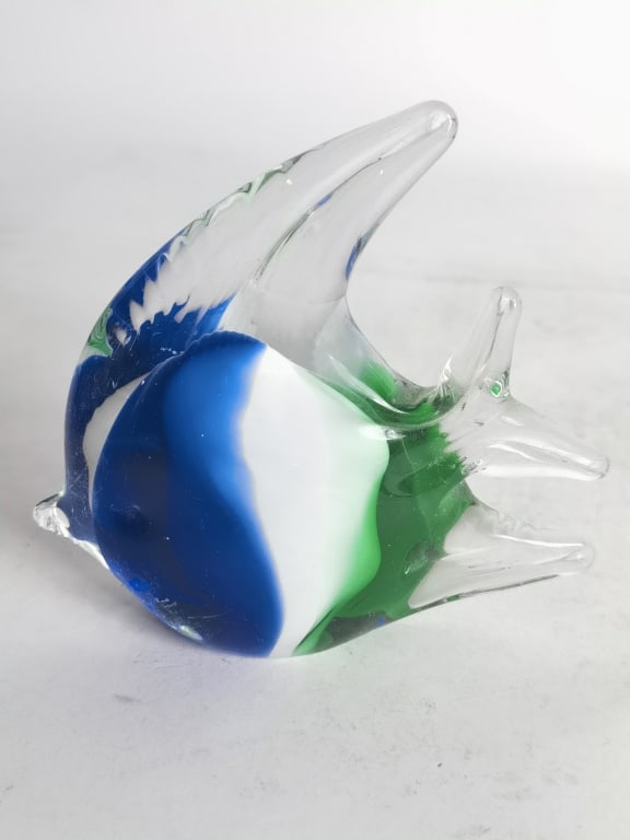 Vintage Murano Italy Blue/White/Green Glass Fish: Vintage Murano Italy Blue/White/Green Glass Fish, 4.5in