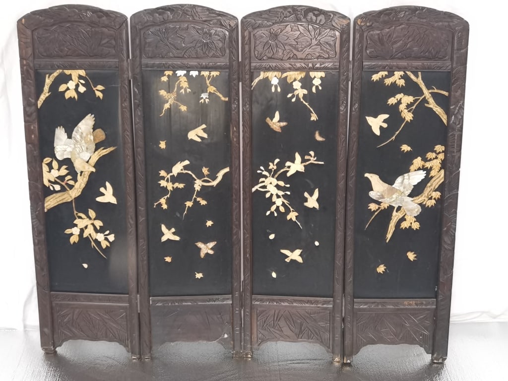 19-20th C. Japanese Mother-of-Pearl and Bone Inlay: 19-20th C. Japanese Mother-of-Pearl and Bone Inlay Folding Screen, 36in by 42.75in