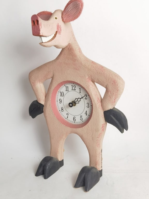 Vintage Wood Standing Pig Clock: Vintage Wood Standing Pig Clock, 16.75in by 11.25in