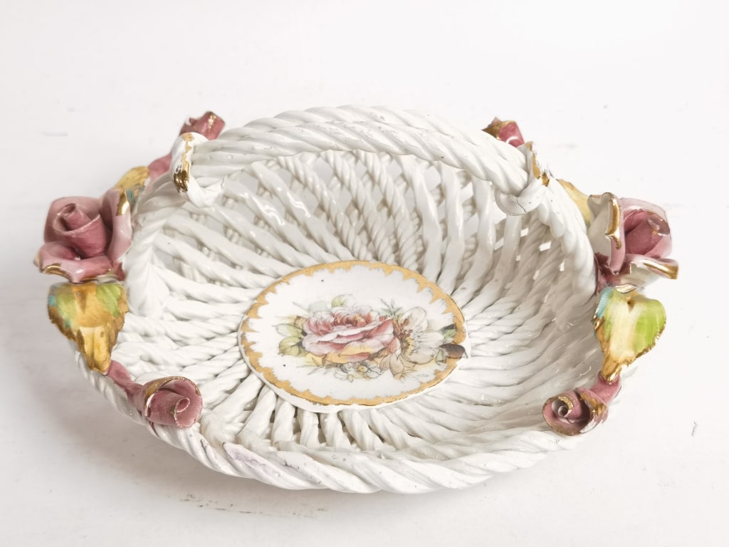 Vintage Porcelain Floral Lattice Basket: Vintage Porcelain Floral Lattice Basket, 4.25in by 8.75in