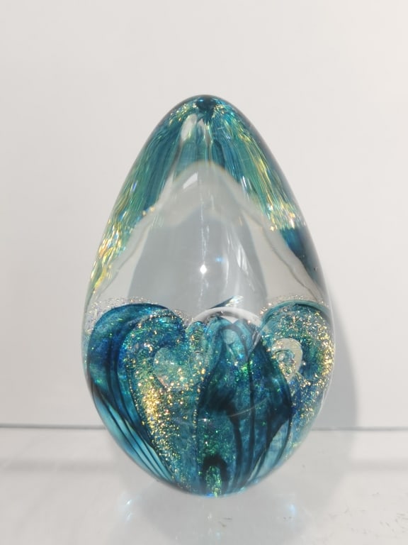 Vintage Murano Italy Glitter Blue Swirl Glass Paperweight: Vintage Murano Italy Glitter Blue Swirl Glass Paperweight, 2.75in