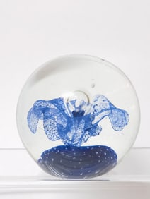 Vintage Blue Flower Bubble Glass Paperweight