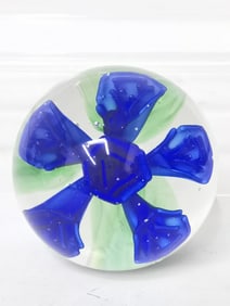 Vintage Murano Italy Blue Flower Glass Paperweight