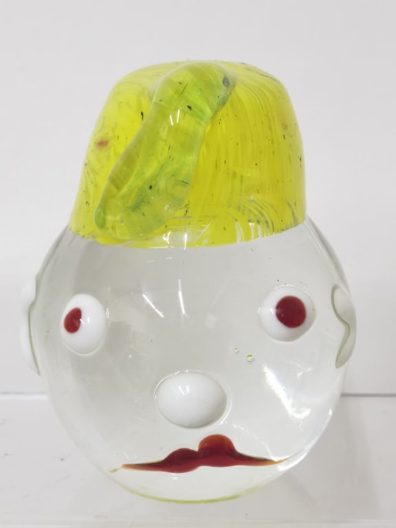 Vintage Murano Italy Art Glass Clown Head Paperweight: Vintage Murano Italy Art Glass Clown Head Paperweight, 3.75in by 3in