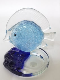 Vintage Hand Blown Blue Glass Fish Candle Holder