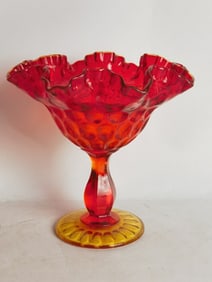 Vintage Fenton Amberina Thumbprint Footed Compote