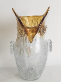 Vintage Murano Italy Amber Crackle Glass Owl Vase