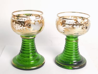 (2) Vintage Roemer Glass with Gold Decor and Green Stem
