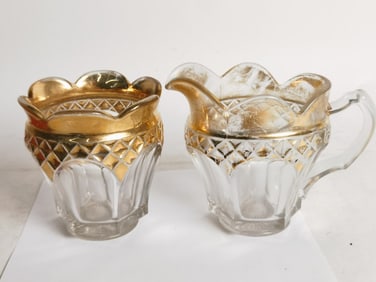 (2) Vintage EAPG Gold Decorated Glass Pitcher/Vase