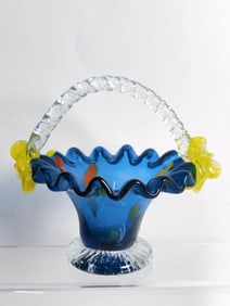 Vintage Hand Blown Blue Ribbed Glass Basket