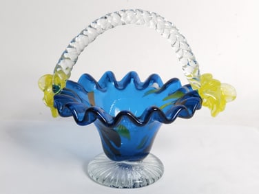 Vintage Hand Blown Blue Ribbed Glass Basket