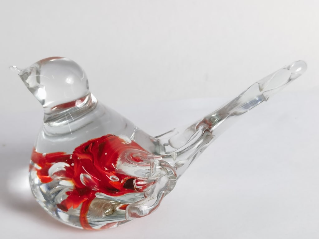 Vintage Kent Helms Red/Clear Glass Swallow: Vintage Kent Helms Red/Clear Glass Swallow, 3.5in by 6.75in