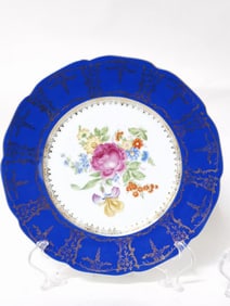 Vintage Czech Porcelain Gilt Blue Rim Floral Plate