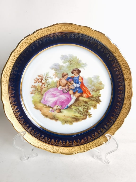 Vintage Limoges France Gilt Cobalt Blue Figure Plate: Vintage Limoges France Gilt Cobalt Blue Figure Plate, 10in