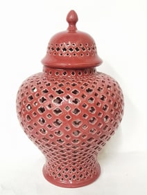 Vintage Red Lattice Ceramic Ginger Jar