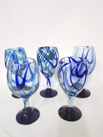 (5) Vintage Blue Swirl Art Glass Wine Glasses