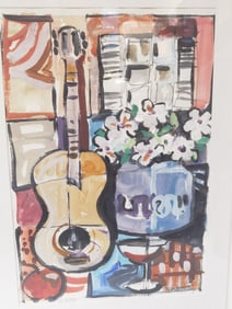"La Guitare" Watercolor Painting, Signed Alemshah