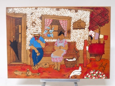 Vintage Signed Mexican Hand Painted Wood Plaque