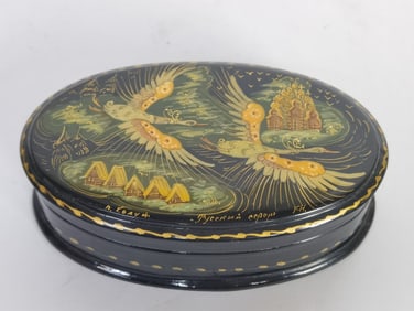 Vintage Russian Hand Painted Oval Jewelry Box, Sig