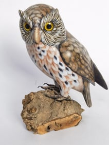 Vintage Hand Carved Owl Sculpture with Glass Eyes