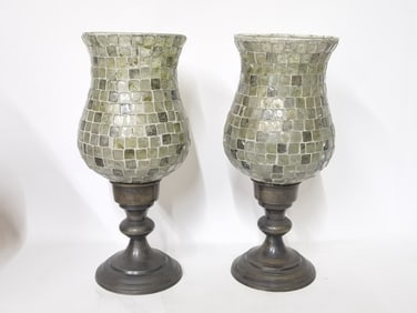 Pr. of Mosaic Glass Hurricane Candle Holders