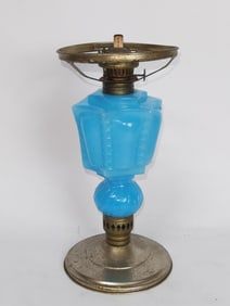 Vintage Blue Opaline Glass Oil Lamp