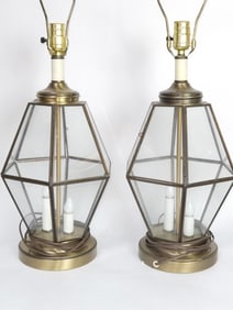 Pr. of Vintage Brass and Glass Lantern Table Lamps