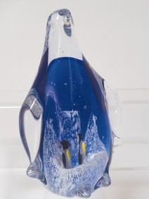 Unmarked Blue/Clear Art Glass Penguin Paperweight