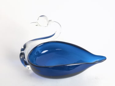 Vintage Blue/Clear Glass Swan Bowl