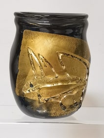 Vintage Signed Woodruff Gold Overlay Art Glass Vas