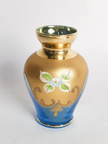 Vintage Bohemian Gilt Hand Painted Floral Glass Va