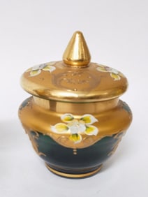 Vintage Murano Italy Gilt Hand Painted Emerald Gla