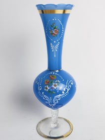 Vintage Bohemian Gilt Blue Hand Painted Glass Vase