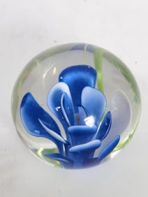 Vintage Murano Italy Blue Flower Glass Paperweight