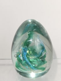 Vintage Signed Blue/Green Glitter Swirl Glass Pape