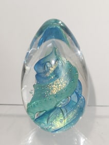 1997 BSG Green/Blue Glitter Swirl Glass Paperweigh