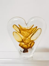 Vintage Signed Amber Bubble Glass Heart Paperwei
