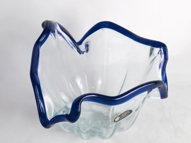 Vintage White Cristal Italy Blue/Clear Glass Bowl