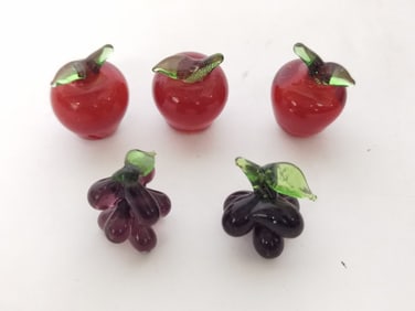 (5) Vintage Ruby/Amethyst Glass Apples and Grapes