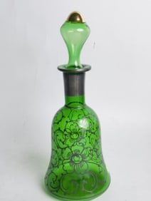 Vintage Silver Painted Emerald Glass Decanter