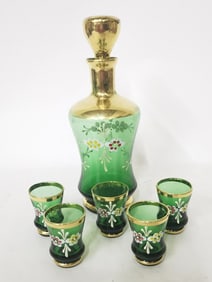 Vintage Murano Italy Gilt Hand Painted Emerald Gla