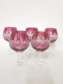 (5) Vintage Bohemian Ruby Cut-to-Clear Wine Glasse