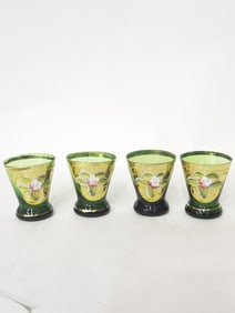 (4) Vintage Bohemian Gilt Hand Painted Emerald Gla