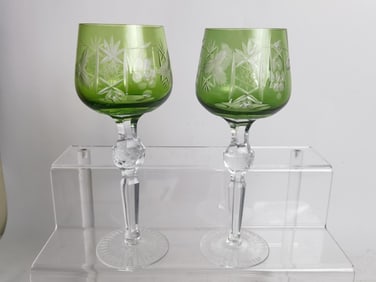 (2) Bohemian Emerald Cut-to-Clear Wine Glasses