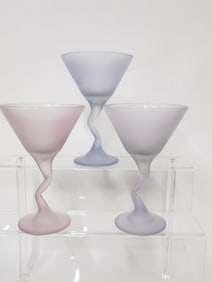 (3) Vintage Libbey Zig Zag Frosted Pastel Wine Gla