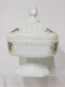 Vintage Floral Milk Glass Covered Pedestal Bowl