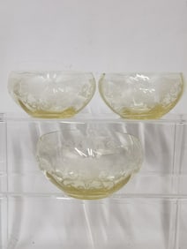(3) Light Yellow Etched Glass Bowls