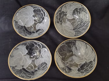 (4) V intage Gold Rim Frosted Glass Floral Bowls